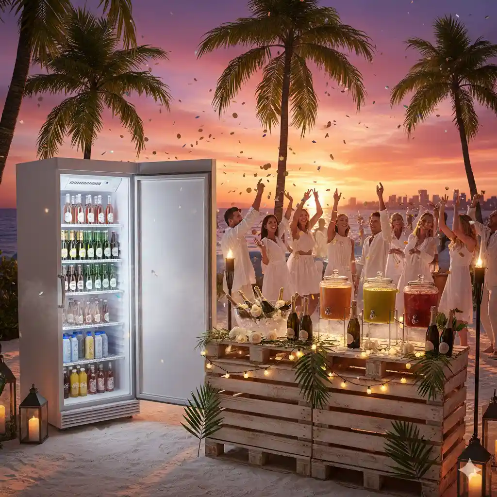 Festa na praia ao pôr do sol com grupo de pessoas dançando e desfrutando de drinks coloridos, árvore de coco ao fundo, decoração de iluminação e refrigerador de bebidas.
