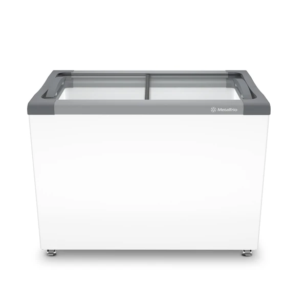 Freezer Metalfrio de alta capacidade com tampa de vidro, ideal para comércio e uso doméstico, fácil de limpar e com design moderno.