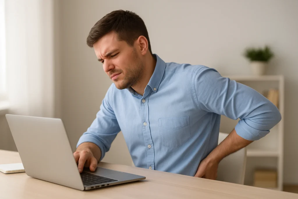 Homem de expressão de dor ou desconforto ao usar laptop, segurando sua região lombar na postura de dor nas costas, sentado em ambiente doméstico.